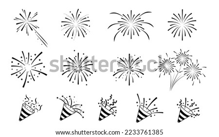 Set of firework icons.Fireworks with stars and sparks isolated on white background.Party popper.Firework simple black line icons.