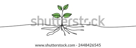 Growing sprout one line art .Vector silhouette of growing green plant. Hand drawn green leaf. Growing sprout plant continuous line .Plant with roots single line.