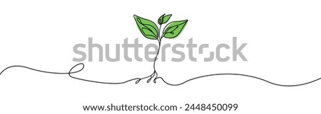 Growing sprout one line art .Vector silhouette of growing green plant. Hand drawn green leaf. Growing sprout plant continuous line .Plant with roots single line.