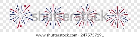 Fireworks Fourth of July.Set of fireworks with a red and blue stars and sparks isolated on transparent . United states of america independence day fireworks. Red, blue fireworks for 4th of July .