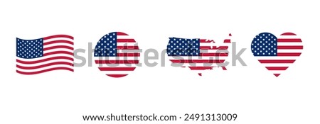 USA flag icons vector set. United States of America flat badges.Flag of usa vector flat symbol collection.USA flag labels set.Set of American flag icons in the shape of heart.