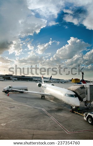 AUGUST 21. 2011- SALT LAKE CITY, UT: Delta Airlines Airplane in tarmac ready to be boarded by flying passengers and crew