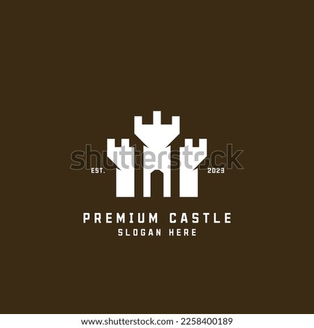 Premium Castle Kingdom Fort brick silhouette logo design illustration. Simple monogram geometric ancient vintage retro unique creative symbol icon vector idea. Modern color minimalist shape