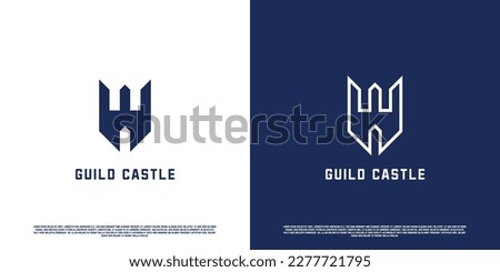 Illustration of W letter logo design for castle. Silhouette of letter W blue castle brick tower guild kingdom kingdom. Simple medieval building icon template. Perfect for corporate branding.