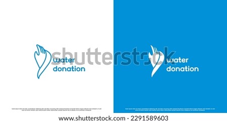 Water donation logo design illustration. Creative silhouette combination of hand and flowing water drop droplet splash. Simple flat modern donate support help pure clean water environment care design.