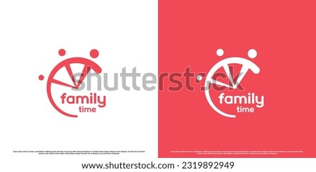 Family time logo design illustration. Simple flat people clock silhouette family father mother son circle clock time. Happy family logo design together, comfort, peace, joy, excitement, joy child.