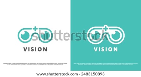 Eyeglass clinic logo design illustration. Silhouette of eye sight therapy healing health eye doctor myopic vision. Geometric abstract minimal simple flat plus icon symbol.