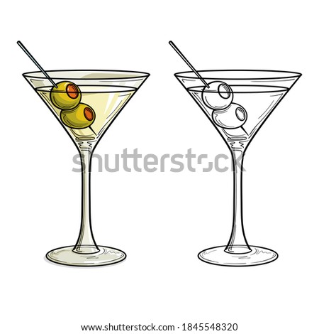 Martini with olive in glass, isolated, in color. Vector illustration.