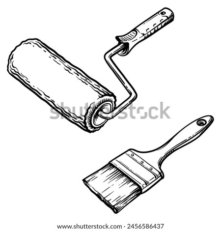 Roller and brush. Vector illustration of painting tools.