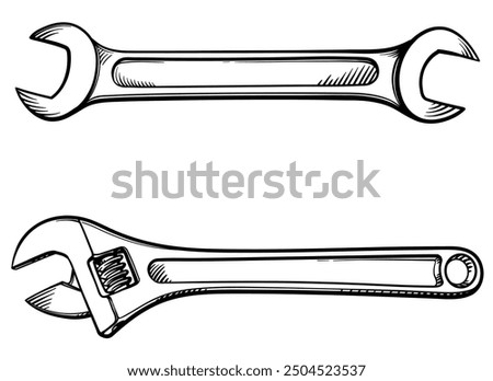 Wrench and adjustable wrench. Black and white illustration of wrenches. Vector.