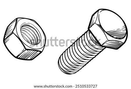 Black and white drawing of bolt and nut. Vector illustration. 