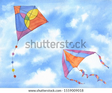 Beautiful kites flies in the sky. Hand drawn watercolor illustration. Makar sankranti symbol for card cover. Painting for festive design, cards, invitations.