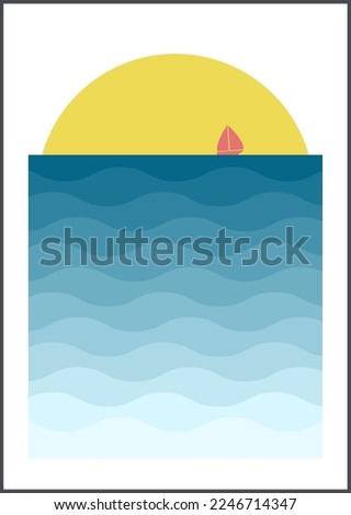 Waves and ship nursery illustration poster. Cute sailing ship. Kid sailboat.