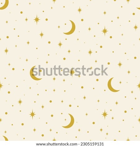 Aesthetic illustrations seamless pattern with celestial moon phases. Half moon and stars,