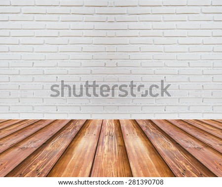 White brick wall and wood floor background - room interior vintage