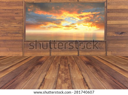 Vintage room interior with wooden floor and sunset background
