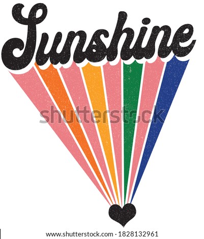 Groovy Themed Sunshine Slogan Print with Rainbow Background - 70's Hippie Style Colorful Hand Drawn Vector Pattern - Hippy Sticker