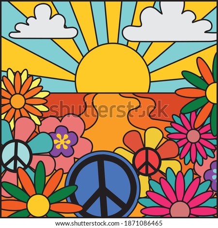 70's groovy retro sunshine and flowers print with peace sign - Vintage hippie floral illustration for girl tee - t shirt and sticker - poster
