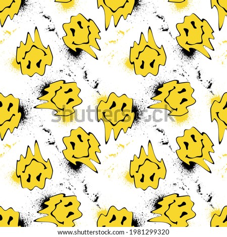 Seamless yellow distorted melting smiley face illustration pattern with graffiti splash for fabric - wallpaper or wrapping paper