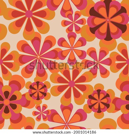 Seamless 70s retro floral pattern with vintage daisy flowers for fabric or wallpaper - Vector