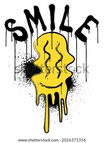 Retro distorted melting smiley emoji illustration print with graffiti smile slogan for man woman or kids graphic tee t shirt - Vector