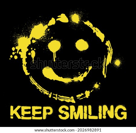 Retro smiley emoji illustration print with graffiti keep smiling slogan for man woman or kids graphic tee t shirt - Vector