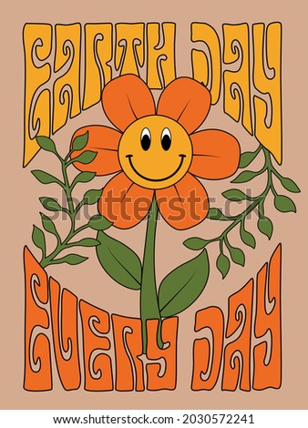 70s retro smiling daisy flower illustration print with inspirational slogan for girl - kids graphic tee t shirt or sticker - Vector