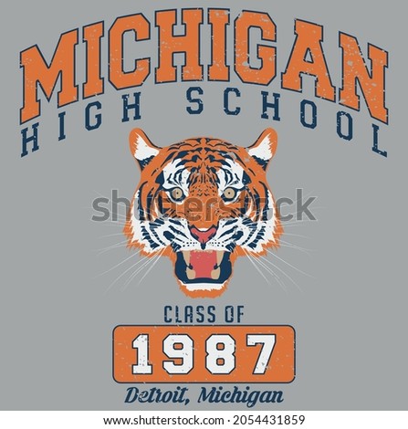 Vintage college varsity michigan high school slogan print with tiger illustration for man - woman - kids graphic tee t shirt or sweatshirt - Vector