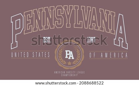 Vintage retro varsity pennsylvania state slogan print with college emblem for graphic tee t shirt or sweatshirt - Vector