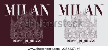 Vintage typography milan city duomo di milano italy text slogan print with hand drawing cathedral illustration for graphic tee t shirt - sweatshirt or poster - Vector