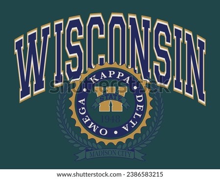 Vintage typography retro varsity college wisconsin state madison city slogan print with emblem illustration for graphic tee t shirt or sweatshirt hoodie - Vector
