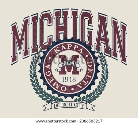 Vintage typography retro varsity college michigan state detroit city slogan print with emblem illustration for graphic tee t shirt or sweatshirt hoodie - Vector