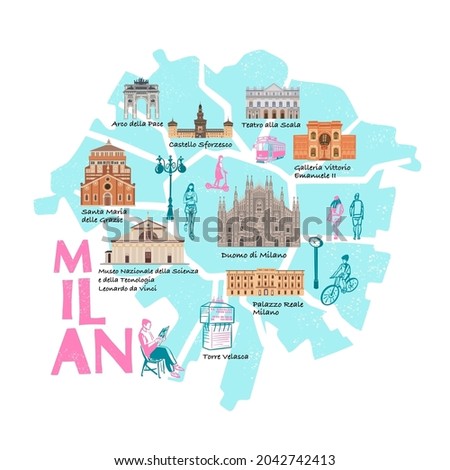 Milan map, buildings of world famous places. Italy. Cartoon doodle art for design. Traditional symbols full color vector illustration.