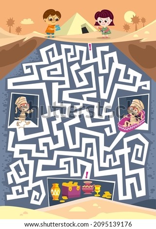 Maze game, activity for children. Help archaeologists find room with pharaoh's jewels. Watch out for mummies. Vector illustration. Imagine de stoc © 