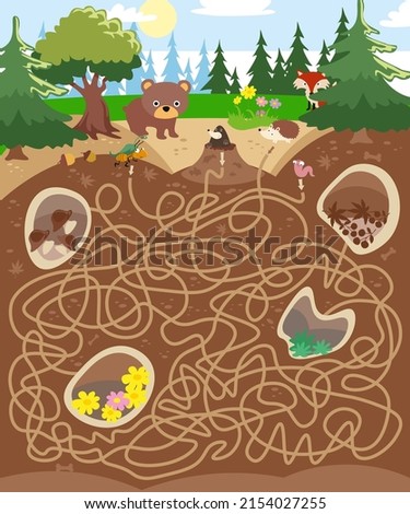 Maze game, activity for kids. Vector illustration. Help the animals find their homes. Forest life, underground life. Burrows and tunnels.