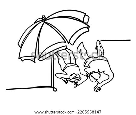 Man and woman lying on sea beach under umbrella. Single line illustration. Continuous line drawn by hand in outline style. Vector illustration. 