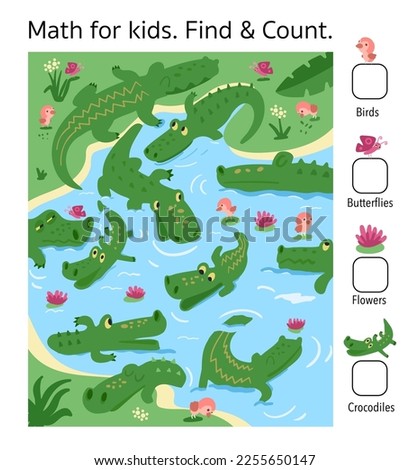 Find and count. Maths game for children. Puzzle for kids. Write numbers. Nature scene. Crocodiles in pond. Vector illustration. 