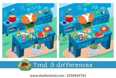 Find 8 hidden differences. Educational game for children. Puzzle game in cartoon style. Father fox cooking pie in kitchen. Funny cartoon character. Vector illustration.