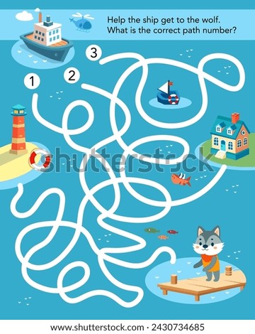 Activity and education. Maze puzzle game for kids. Cute stylised cartoon ship at sea on dock. Vector flat isolated illustration on white background for design.