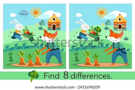 Find 8 differences. Educational puzzle game for children. Cute flat cartoon fox and rabbit with vegetables in wheelbarrow. Farm and garden, plants. Vector flat illustration.
