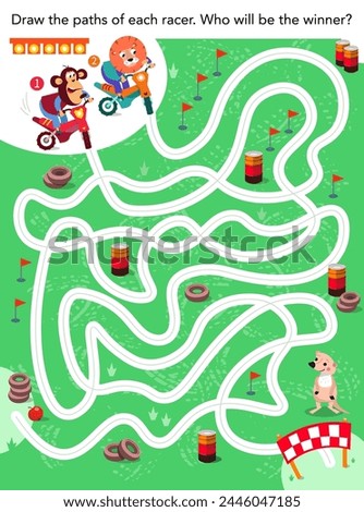 Maze game, activity for kids. Draw path, name winner. Cute monkey and lion on motorbike. Vector illustration.