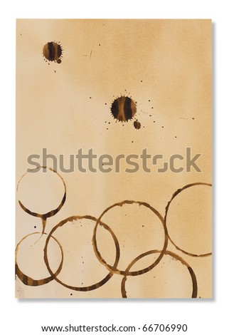Vintage paper with coffee rings stain. Abstract isolated background with space for text.