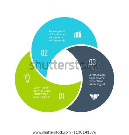 Twisted diagram divided into 3 parts, steps or options. Vector flat infographic design template. Illustration for project steps visualization. Business presentation.