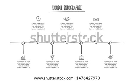 Doodle infographic timeline with 7 options. Hand drawn icons. Thin line illustration.