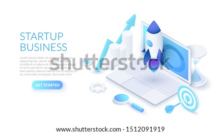 Startup business design concept with rocket, laptop and hourglass. Isometric vector illustration. Landing page template for web.