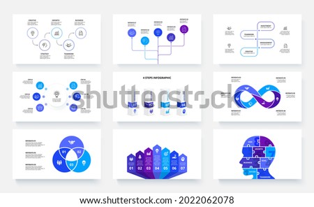 Nine slides with infographics elements. Circles, puzzle, arrows and charts info graphic design templates. Set of Infograph concept with 3, 4, 5, 6 and 7 options.