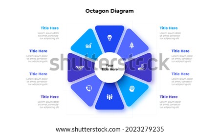 Octagon is divided into 8 parts. Concept of eight options of business project management. Vector illustration for data analysis visualization.