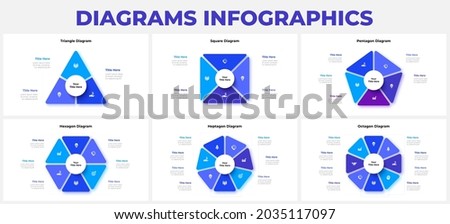 Set of geometrical cycle infographic with a central circle. Business data visualization. Template for presentation. Design concept with 3, 4, 5, 6, 7 and 8 options.