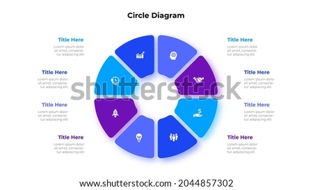 Circle diagram divided into 8 segments. Concept of eight options of business project management. Vector illustration for data analysis visualization.