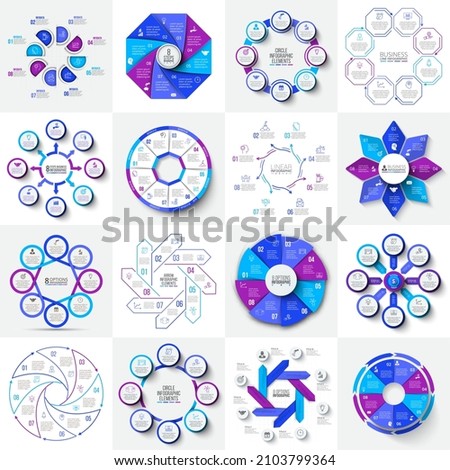 Collection of cycle infographic diagrams with 8 options - circles, octagon, arrows and other abstract elements. Vector illustration for business analysis.